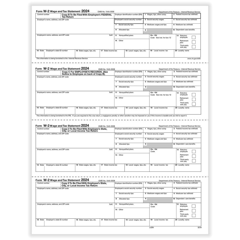 TFP W-2 N-Style 4-Up Employee’s Copies B, C, 2, 2 Combined - Pack of 100