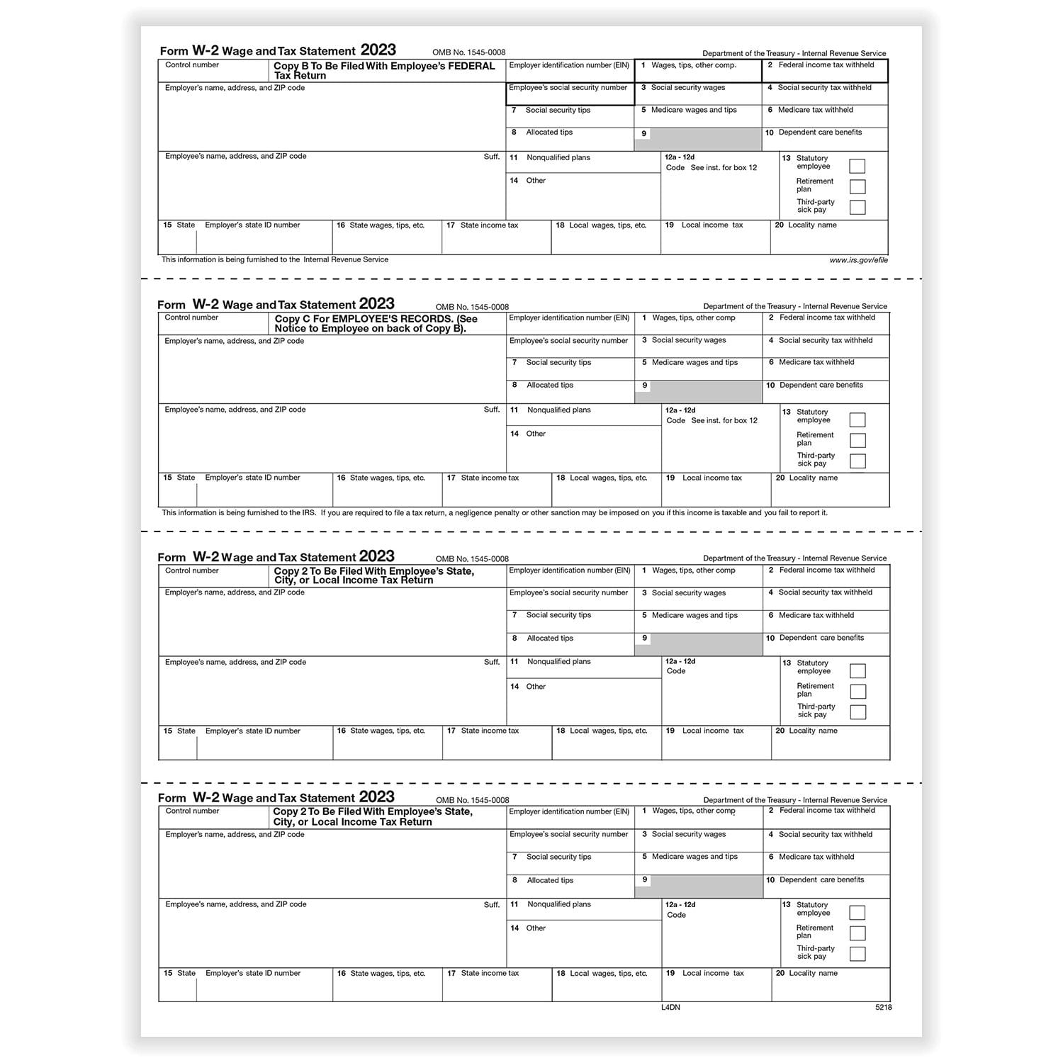 TFP W-2 N-Style 4-Up Employee’s Copies B, C, 2, 2 Combined- Pack of 500