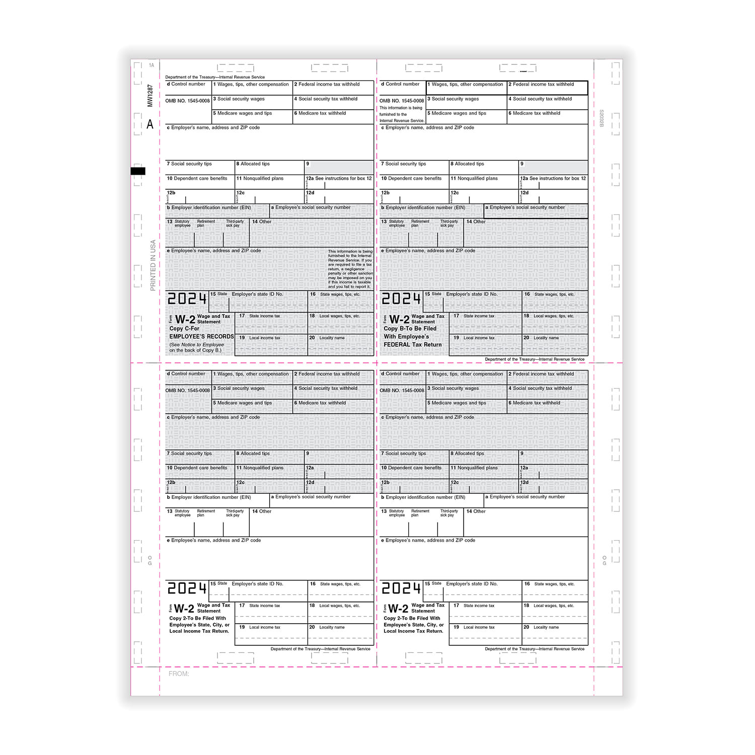 TFP 14" W-2 4-Up Box Employee’s Copy B, C, 2 Or Extra Copy – EZ-Fold Simplex - Pack of 500