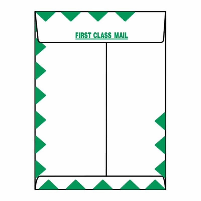 Open End First Class Catalog Envelopes, 10" x 13", 25#, Green Diamond Border, White Paper/Poly/Paper, 'First Class Mail' on Face & Fla