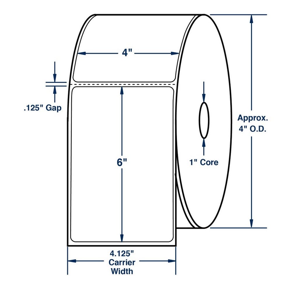 4" x 6" White Topcoated General Purpose w/Perf Direct Print Thermal Labels, Perfed, 250 per roll (16 Rolls per Carton)