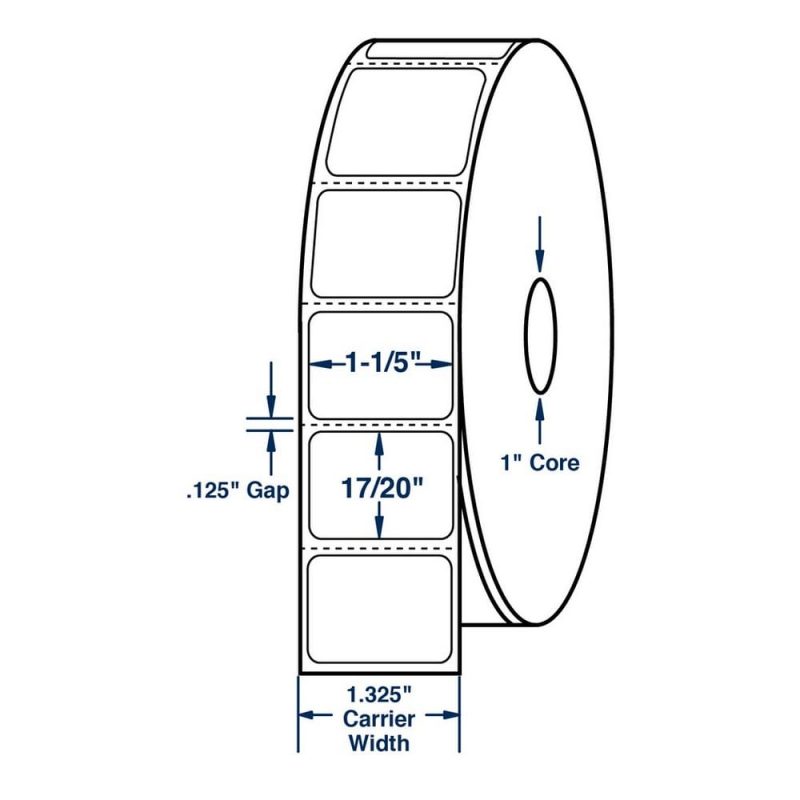 1.2" x 0.85" White Direct Print Thermal Labels, Perfed, 1500 per roll (12 Rolls per Carton)