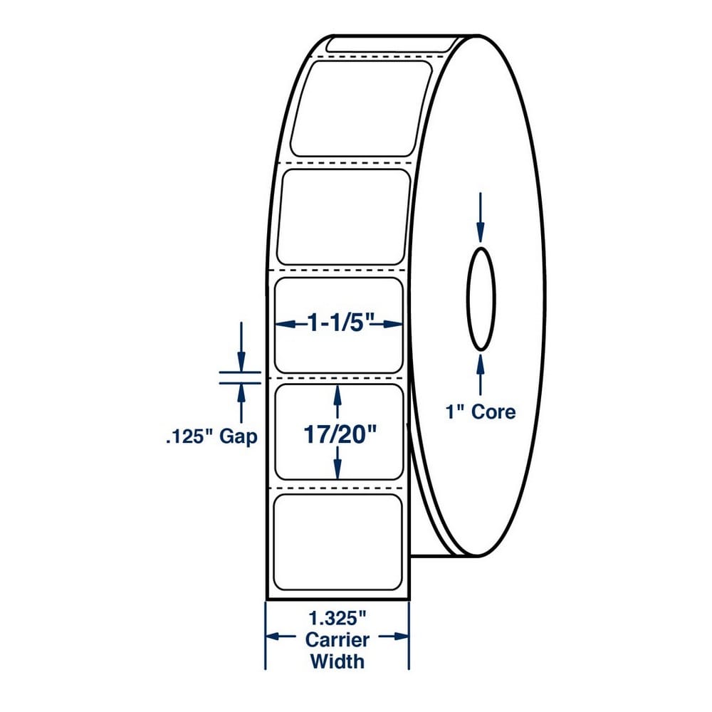 1.2" x 0.85" White Direct Print Thermal Labels, Perfed, 1500 per roll (12 Rolls per Carton)