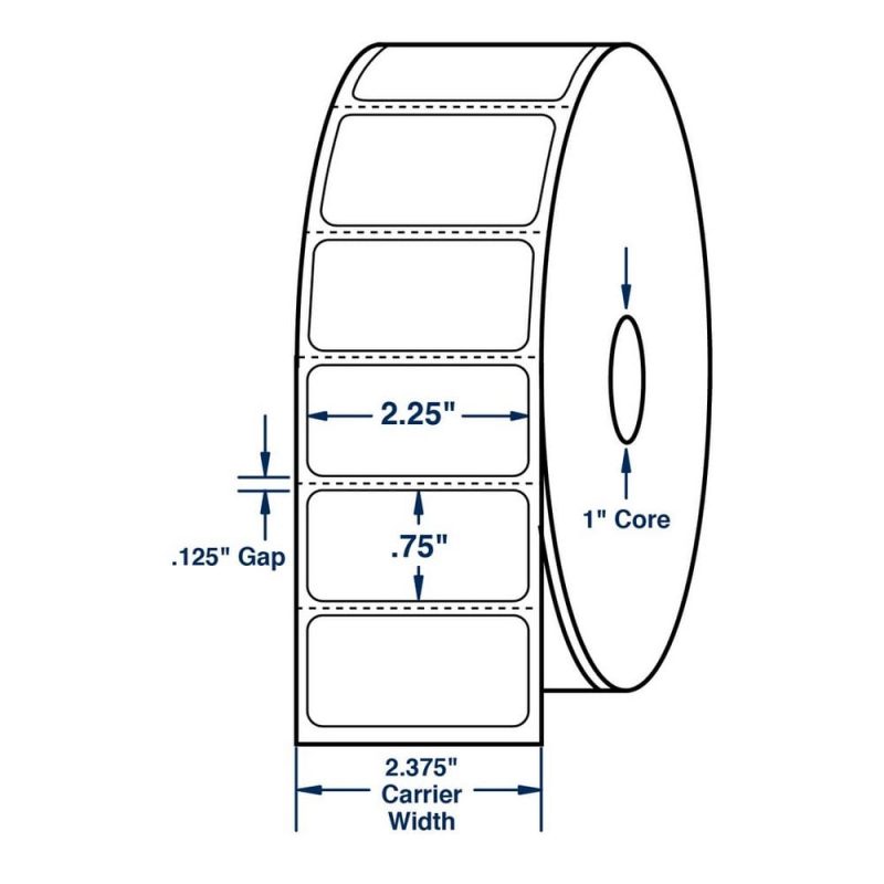 2.25" x 0.75" White Direct Print Thermal Labels, 1700 per roll (12 Rolls per Carton)