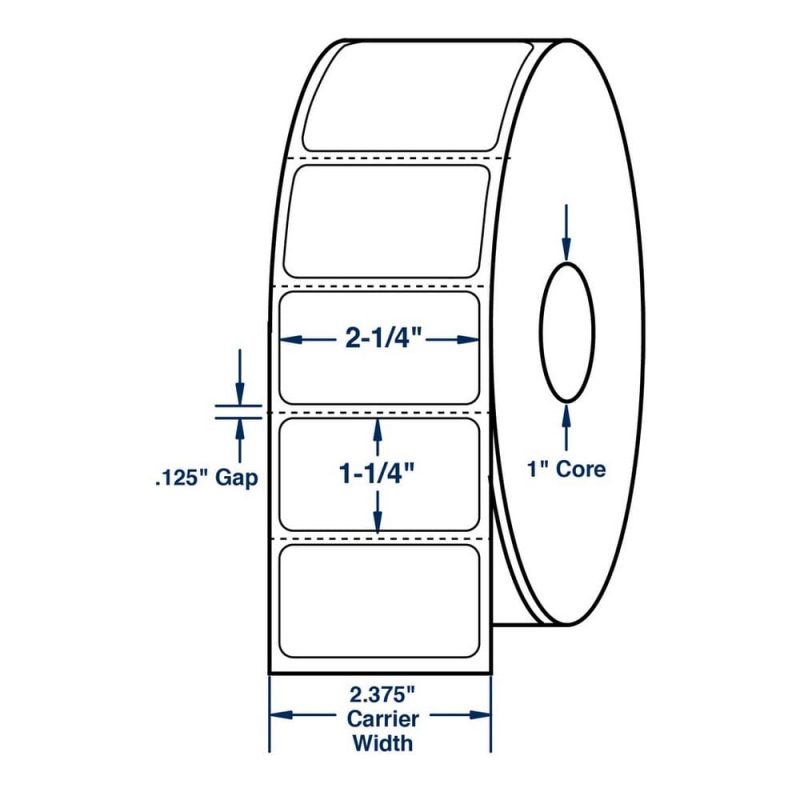 2.25" x 1.25" White Direct Print Thermal Labels, 1000 per roll (12 Rolls per Carton)
