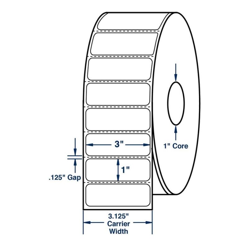 3" x 1" White Direct Print Thermal Labels, 1300 per roll (12 Rolls per Carton)