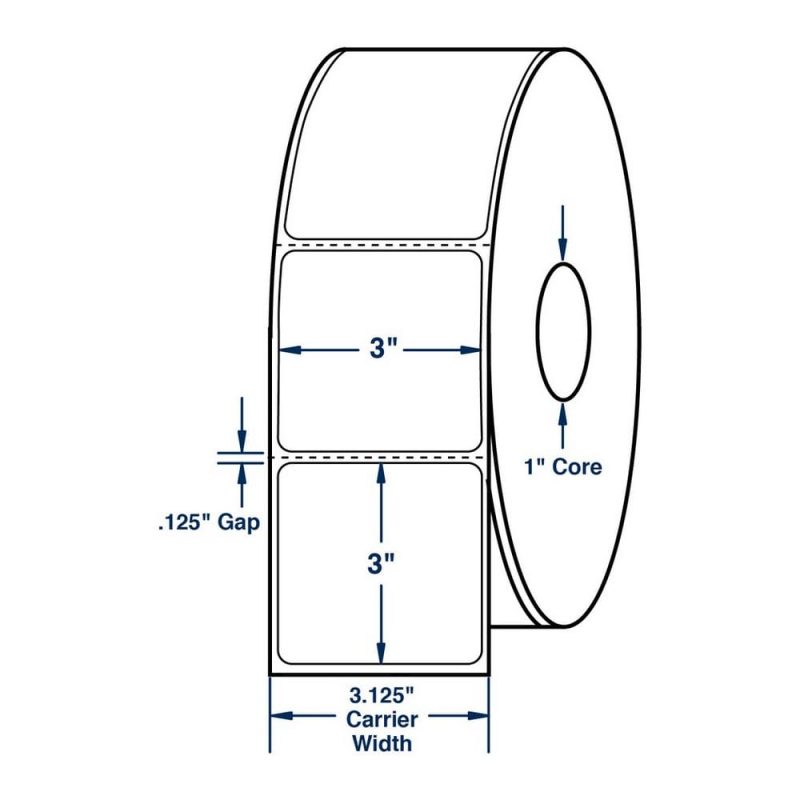 3" x 3" White Direct Print Thermal Labels, 500 per roll (12 Rolls per Carton)