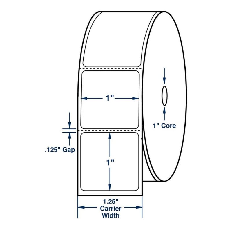 1" x 1" White Direct Print Thermal Labels, 750 per roll (10 Rolls per Carton)
