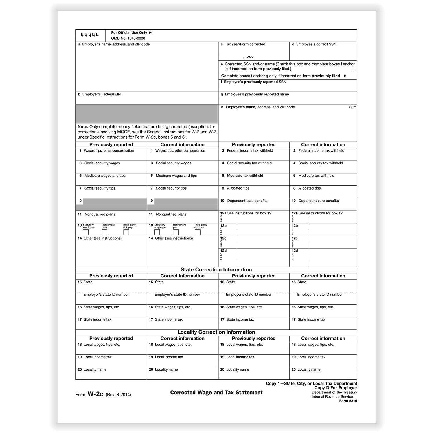 TFP W-2C Corrected Income Employer’s Copy D and/or State, City, Local Copy 1 - Pack of 100