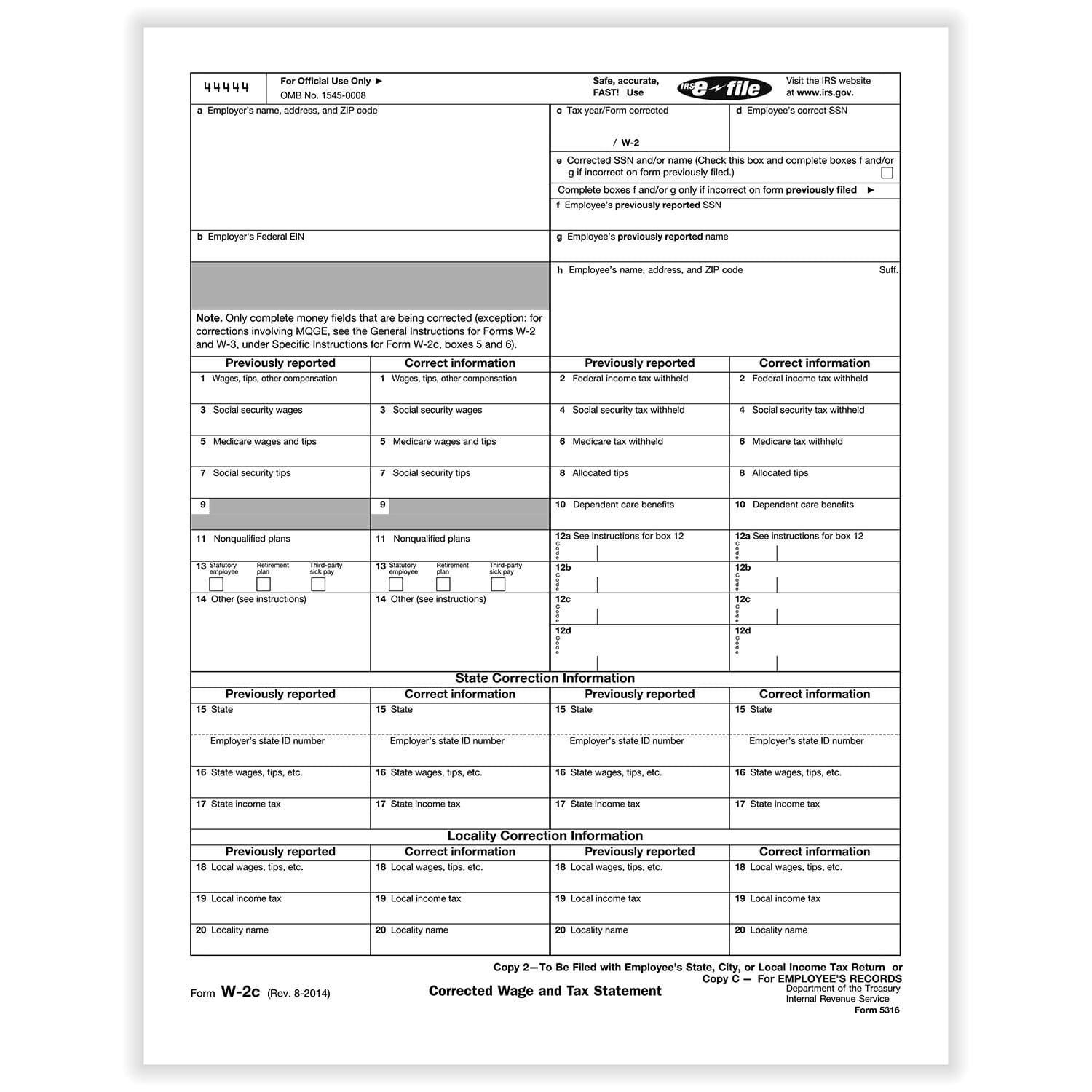 TFP W-2C Corrected Income Employee’s Copy C and/or State, City, Local Copy 2 - Pack of 100