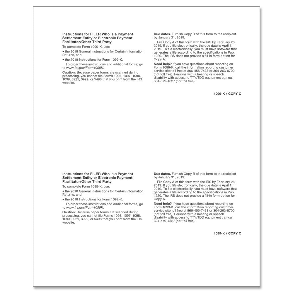 TFP 1099-K Filer Copy C and/or State/Copy 1, 2 - Pack of 100 - Image 2