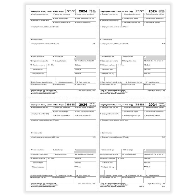 TFP W-2 4-Up Box Employer’s Copies 1/D, 1/D, 1/D, 1/D - Pack of 100