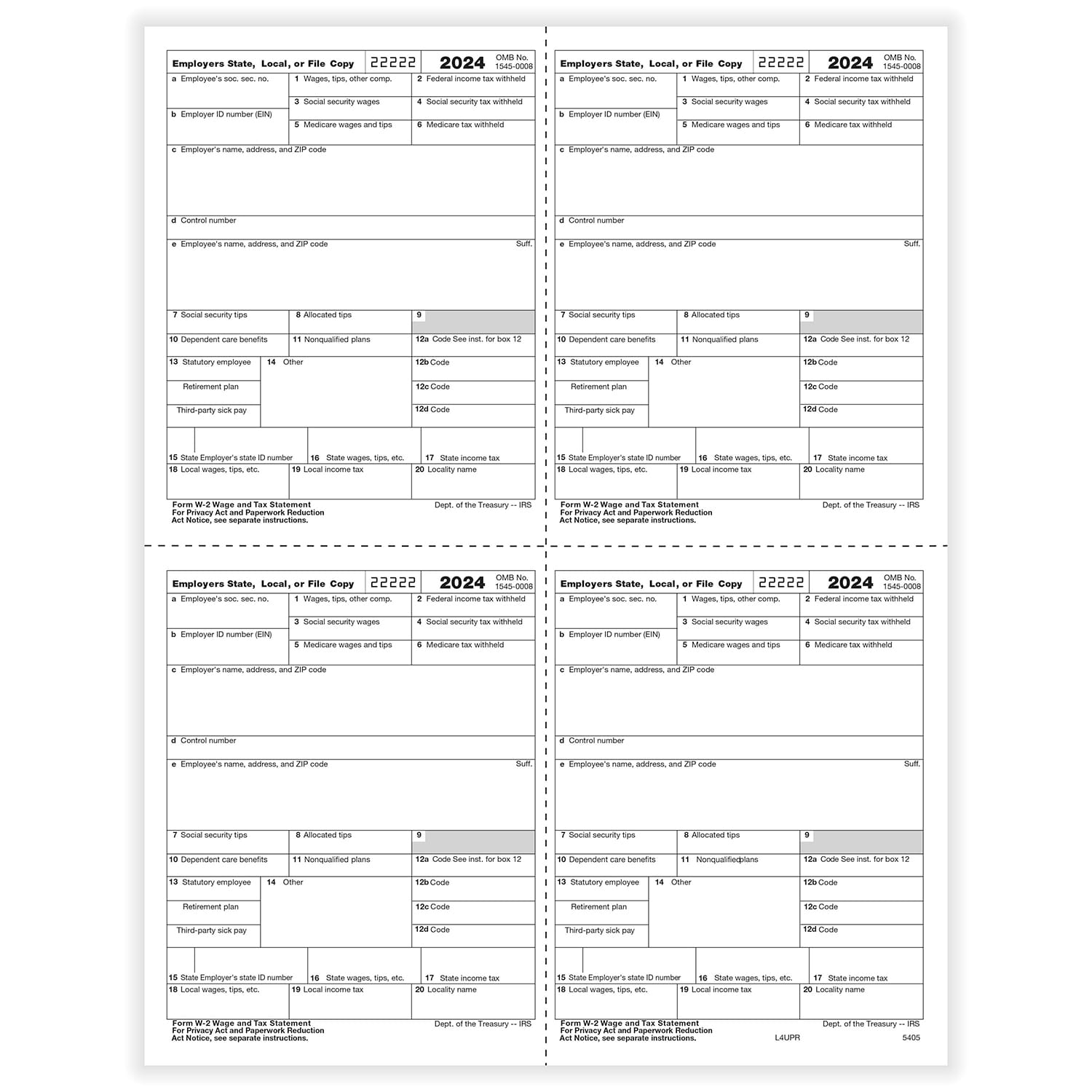 TFP W-2 4-Up Box Employer’s Copies 1/D, 1/D, 1/D, 1/D - Pack of 100