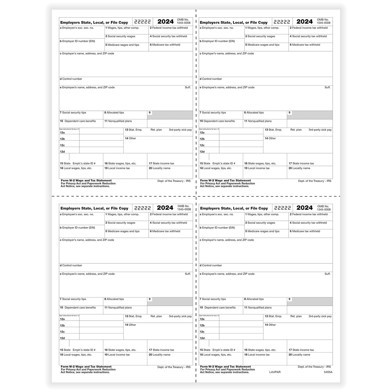 TFP W-2 P-Style 4-Up Employer’s Copies 1/D, 1/D, 1/D, 1/D - Pack of 100