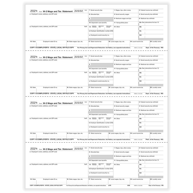 TFP W-2 4-Up Horizontal Employer’s Copies 1/D, 1/D, 1/D, 1/D Combined - Pack of 100