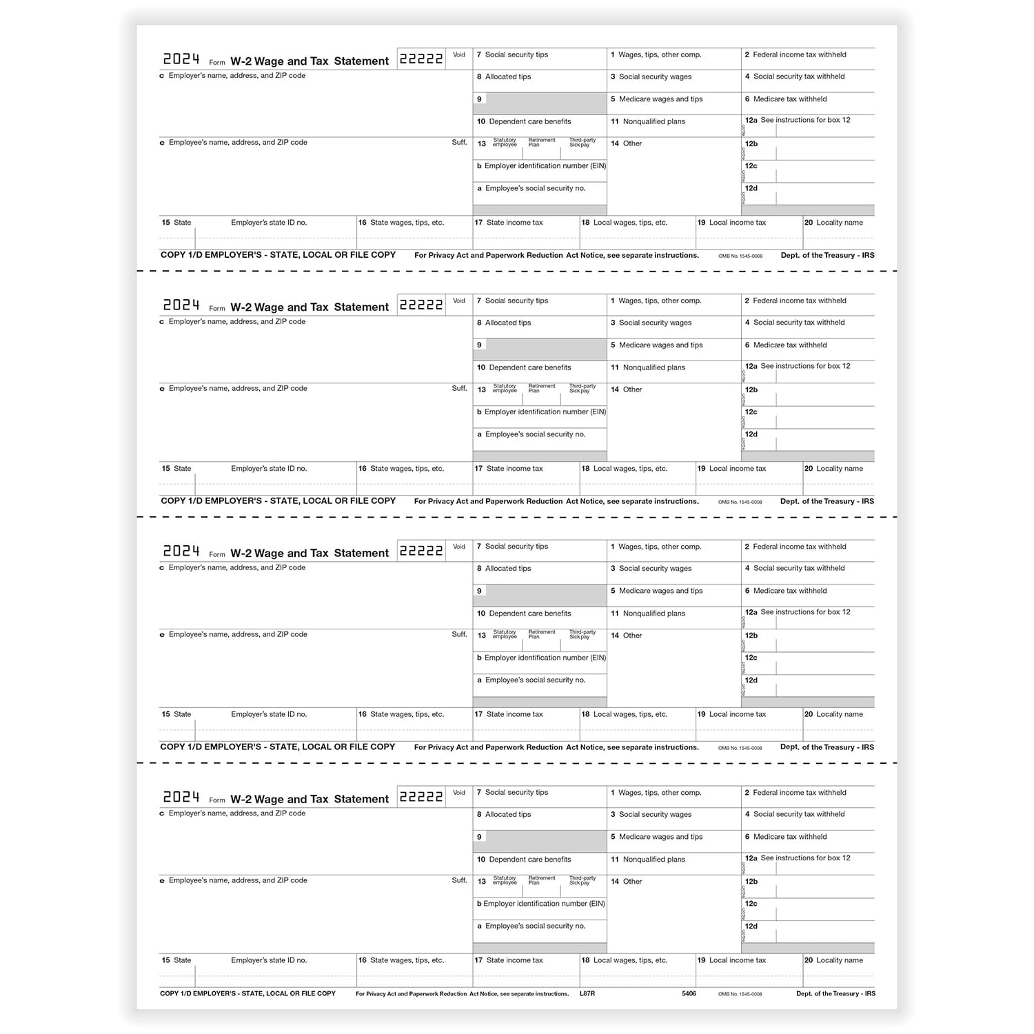 TFP W-2 4-Up Horizontal Employer’s Copies 1/D, 1/D, 1/D, 1/D Combined - Pack of 100