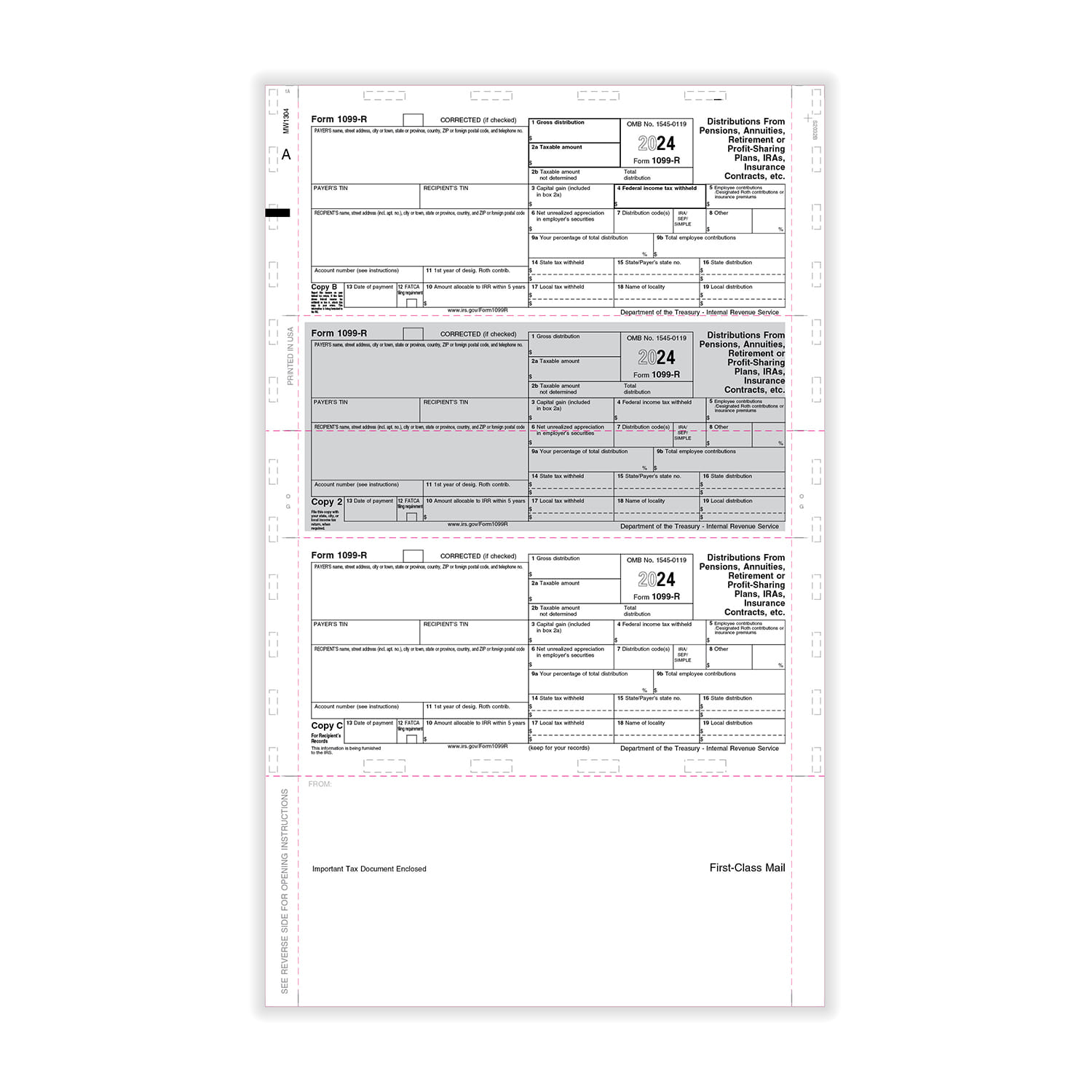 TFP 14" Printed 1099-R 3-Up Horizontal Copy B, C, 2 – EZ-Fold Simplex - Pack of 500