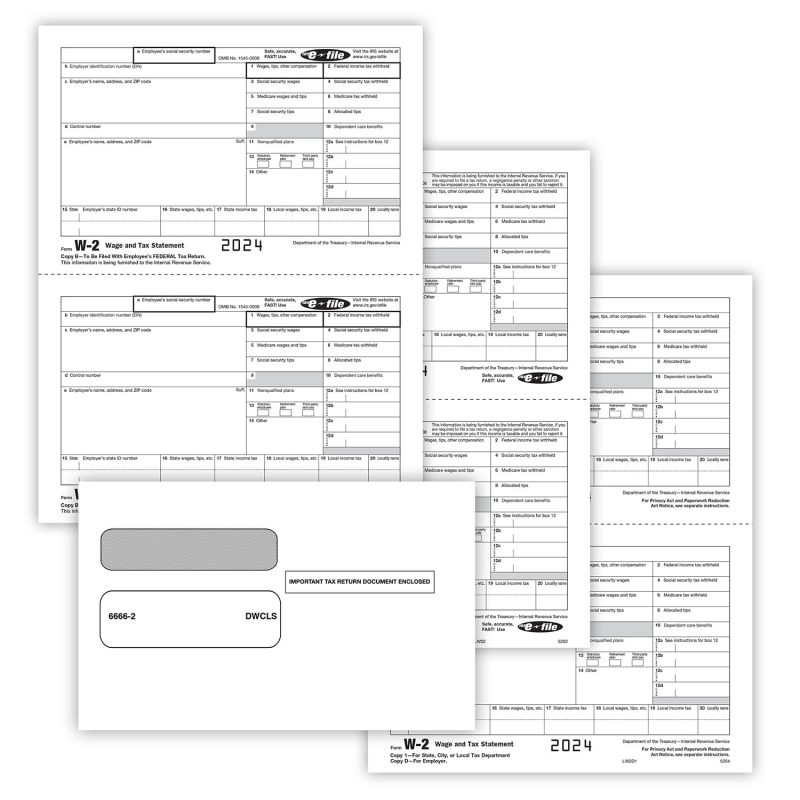 W-2 Set, 5-Part, 2-Up with Envelopes (50 Employees)