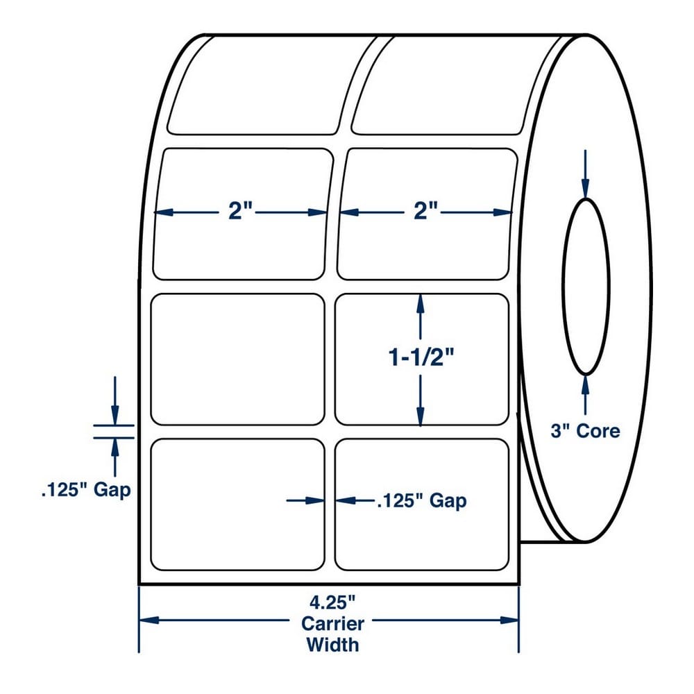 2" x 1.5" White General Purpose Thermal Transfer Labels, No Perforation, 7600 per roll (4 Rolls per Carton)