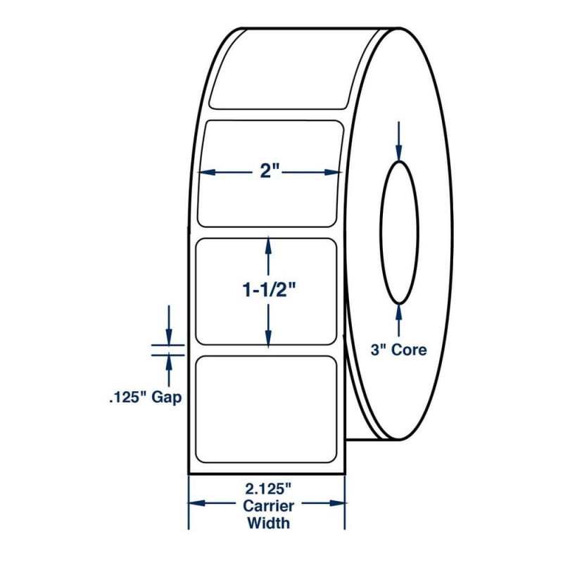 2" x 1.5" White General Purpose Thermal Transfer Labels, No Perforation, 3800 per roll (8 Rolls per Carton)