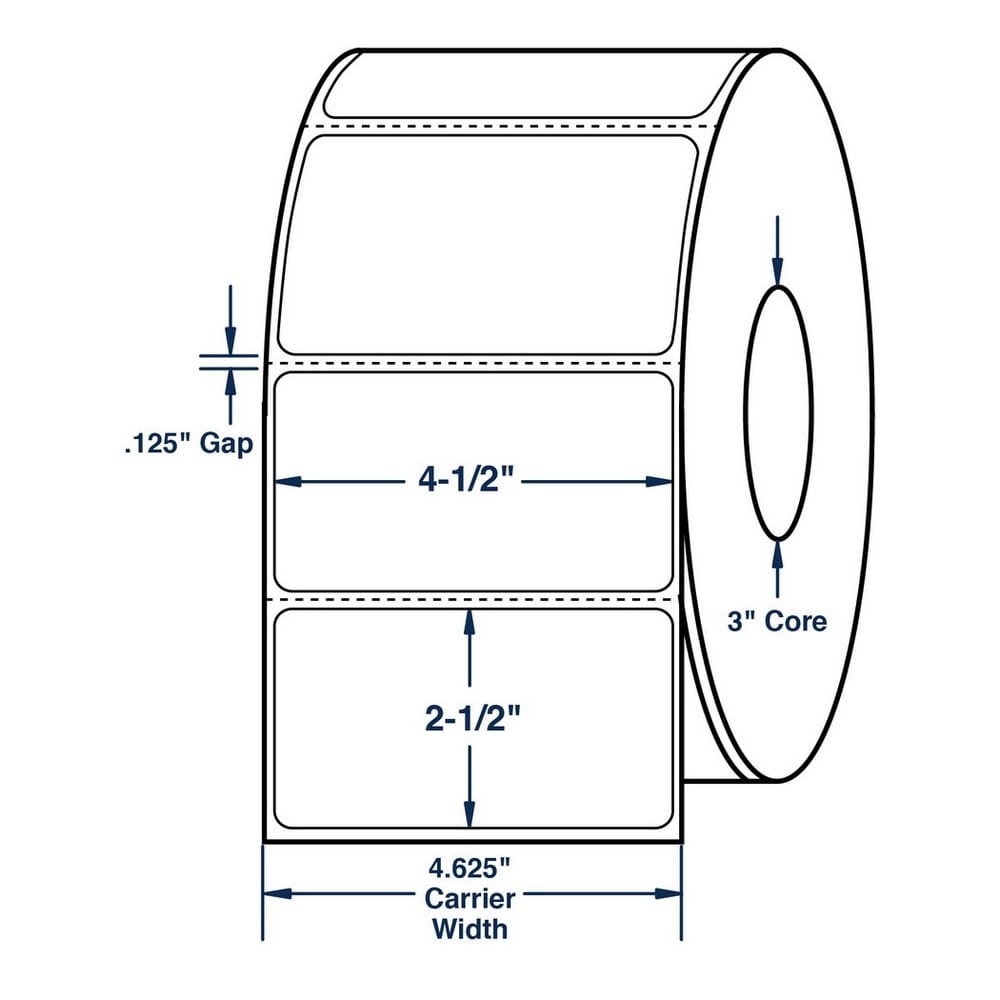 4.5" x 2.5" White General Use Label w/ Perf Thermal Transfer Labels, Perfed, 2350 per roll (4 Rolls per Carton)