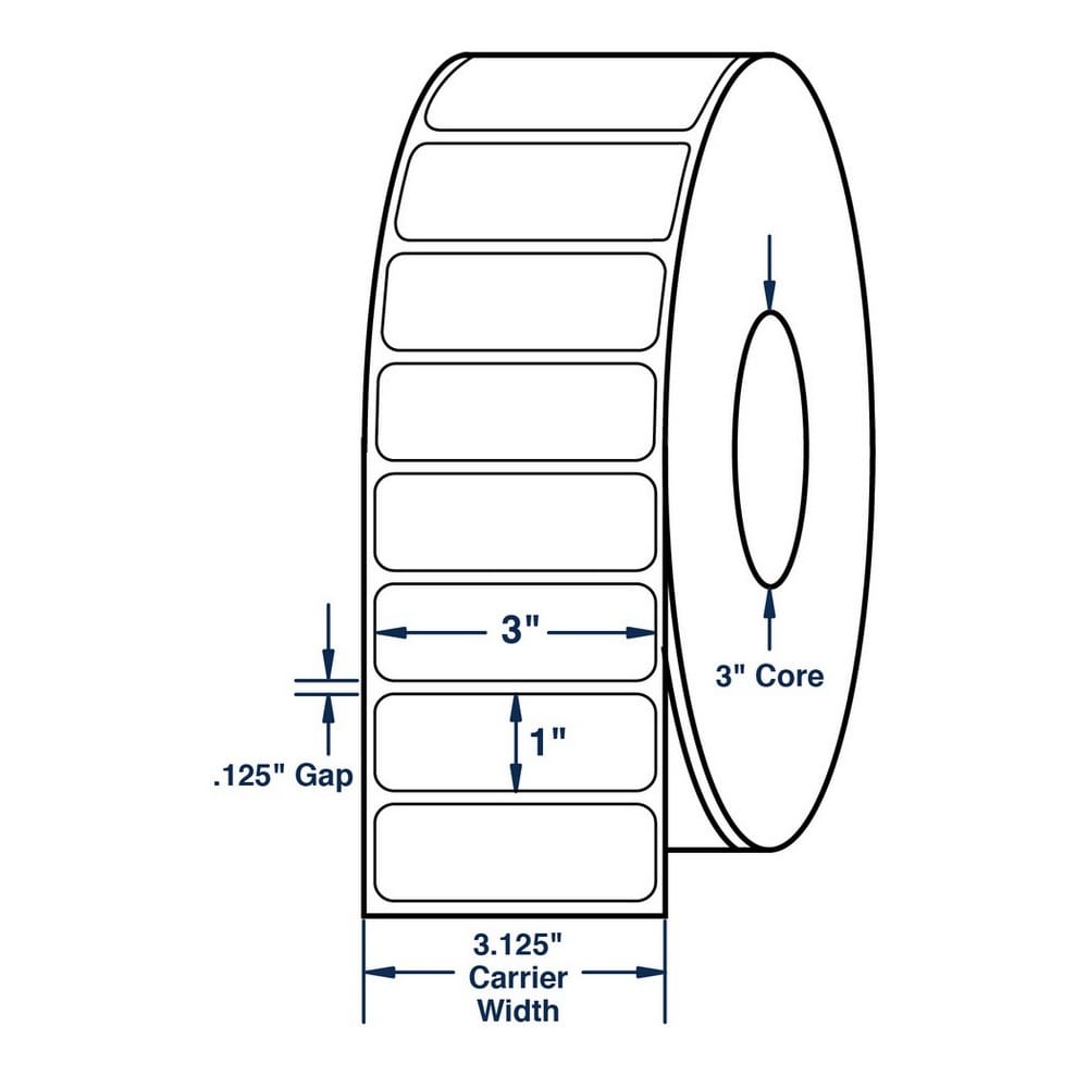 3" x 1" White General Use Thermal Transfer Labels, No Perforation, 5500 per roll (6 Rolls per Carton)