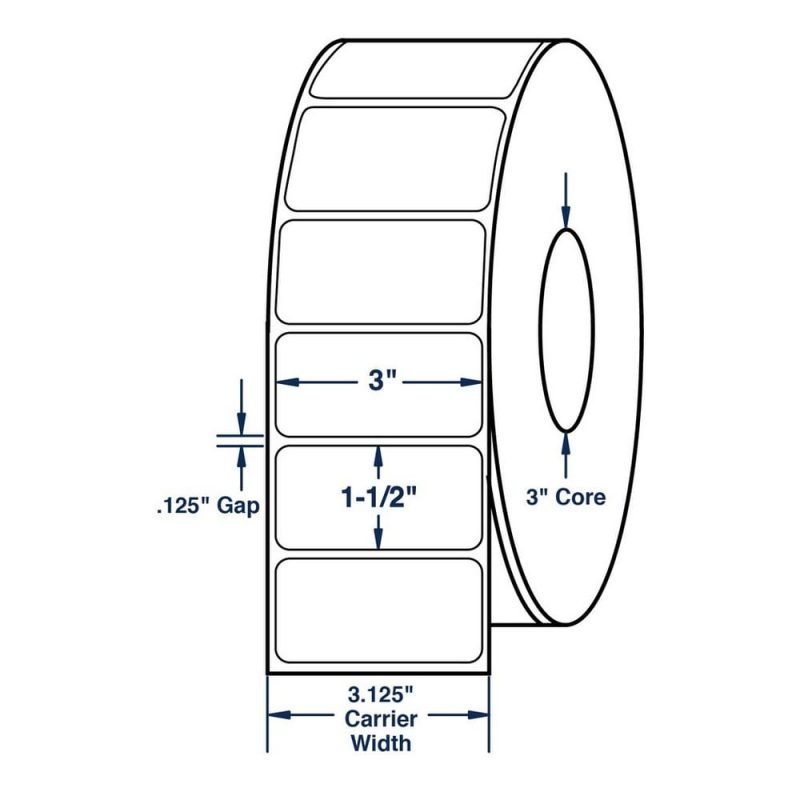 3" x 1.5" White General Use Thermal Transfer Labels, No Perforation, 3800 per roll (6 Rolls per Carton)