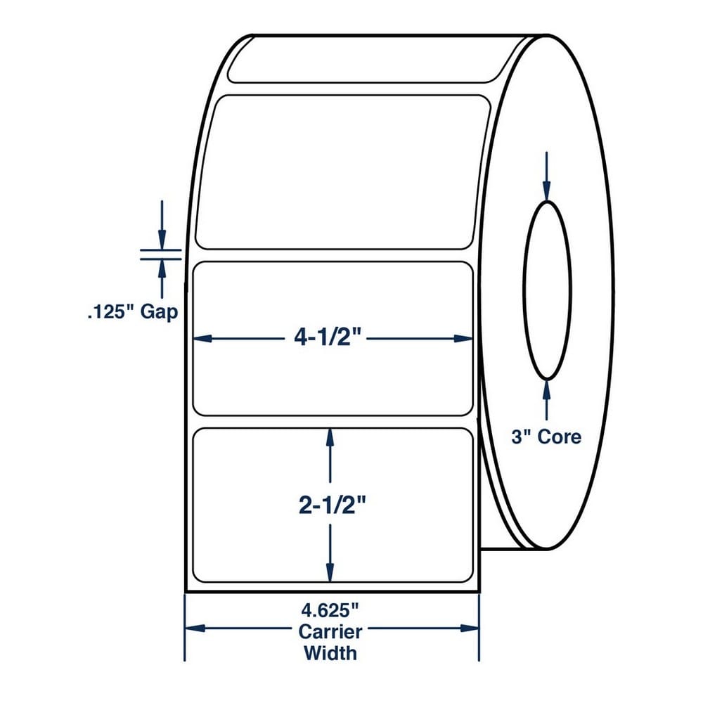 4.5" x 2.5" White General Use Thermal Transfer Labels, No Perforation, 2350 per roll (4 Rolls per Carton)