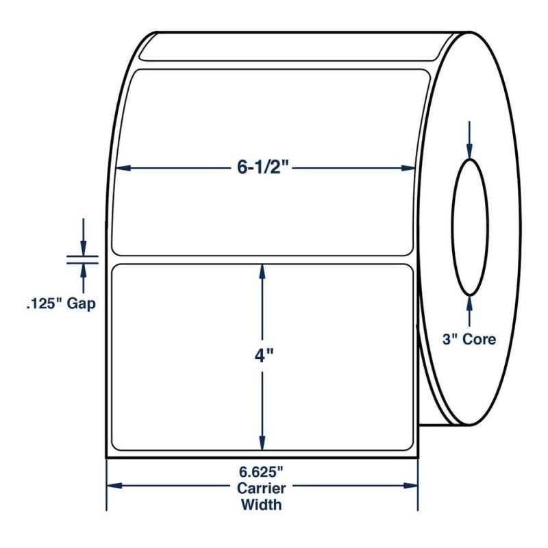 6.5" x 4" White General Use Thermal Transfer Labels, No Perforation, 1500 per roll (4 Rolls per Carton)