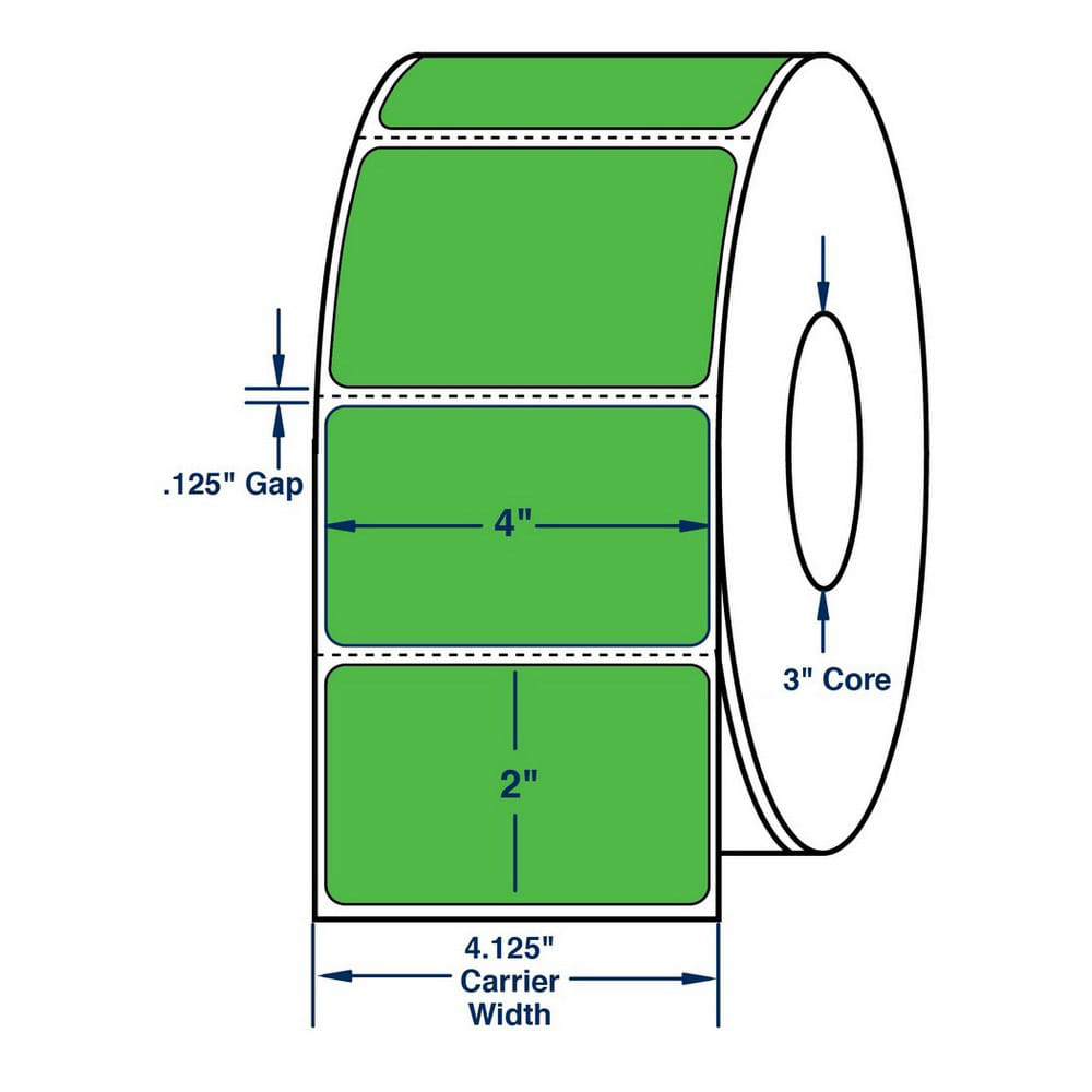 4" x 2" Fluorescent Green Thermal Transfer Labels, 2900 per roll (4 Rolls per Carton) - Image 2