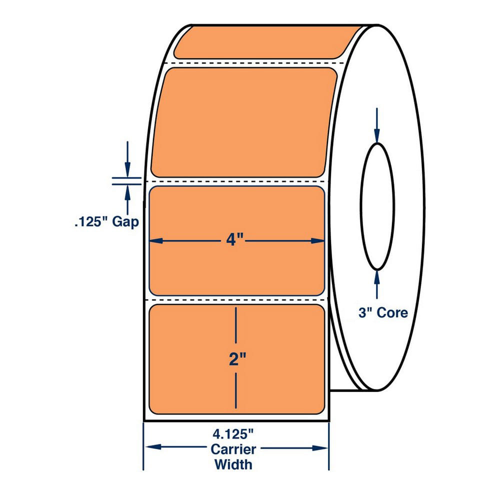 4" x 2" Fluorescent Orange Thermal Transfer Labels, 2900 per roll (4 Rolls per Carton)