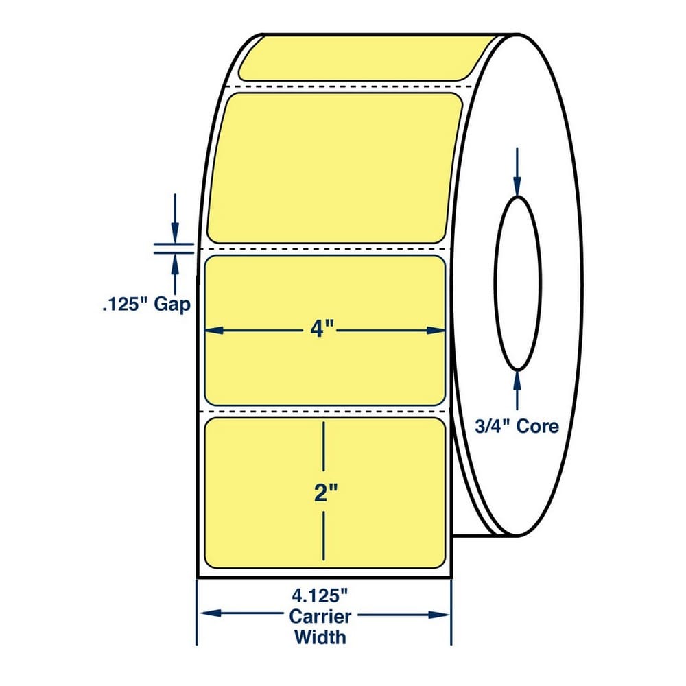 4" x 2" General Use Label w/ Perf Thermal Transfer Labels, Perfed, Pastel Yellow. 2900 per roll (4 Rolls per Carton)