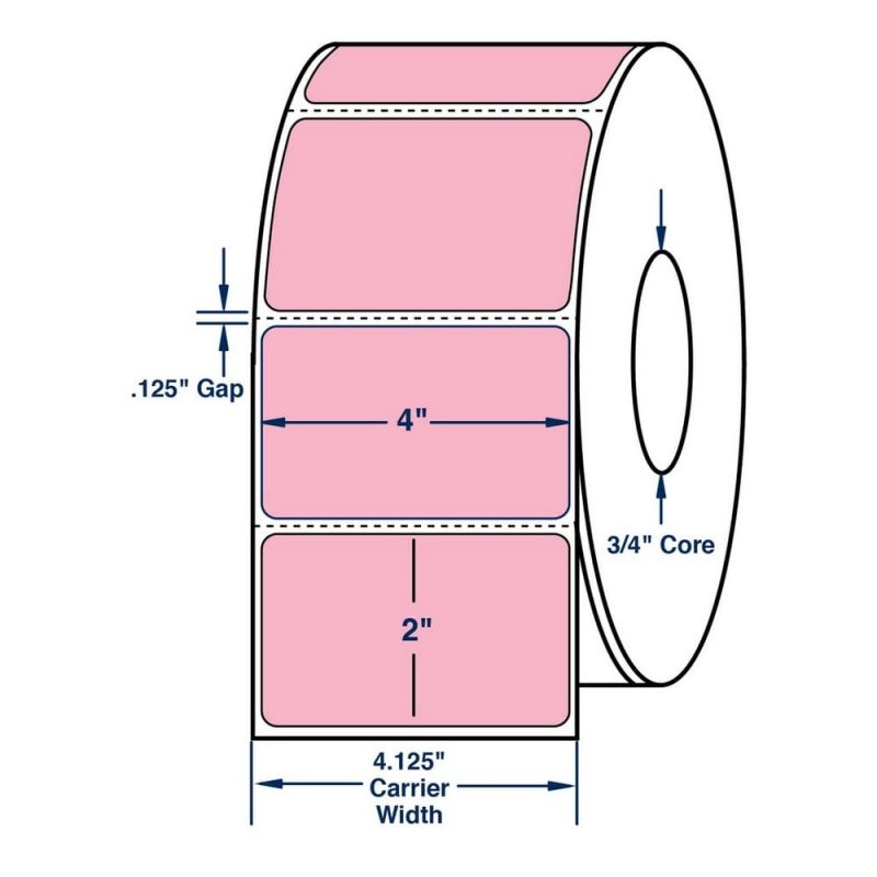 4" x 2" General Use Label w/ Perf Thermal Transfer Labels, Perfed, Pastel Pink. 2900 per roll (4 Rolls per Carton)