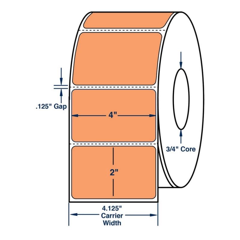 4" x 2" General Use Label w/ Perf Thermal Transfer Labels, Perfed, Pastel Orange. 2900 per roll (4 Rolls per Carton)