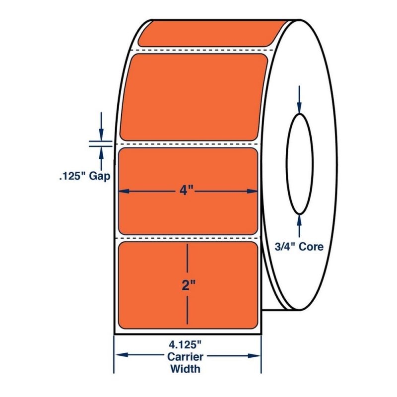 4" x 2" General Use Label w/ Perf Thermal Transfer Labels, Perfed, Orange. 2900 per roll (4 Rolls per Carton)