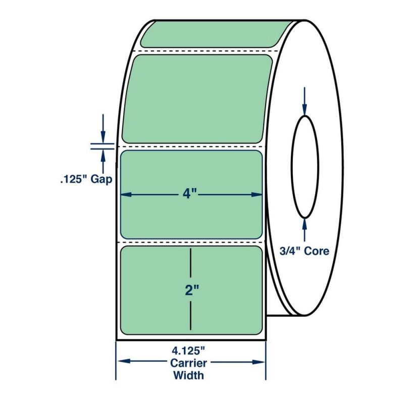 4" x 2" General Use Label w/ Perf Thermal Transfer Labels, Perfed, Pastel Green. 2900 per roll (4 Rolls per Carton)
