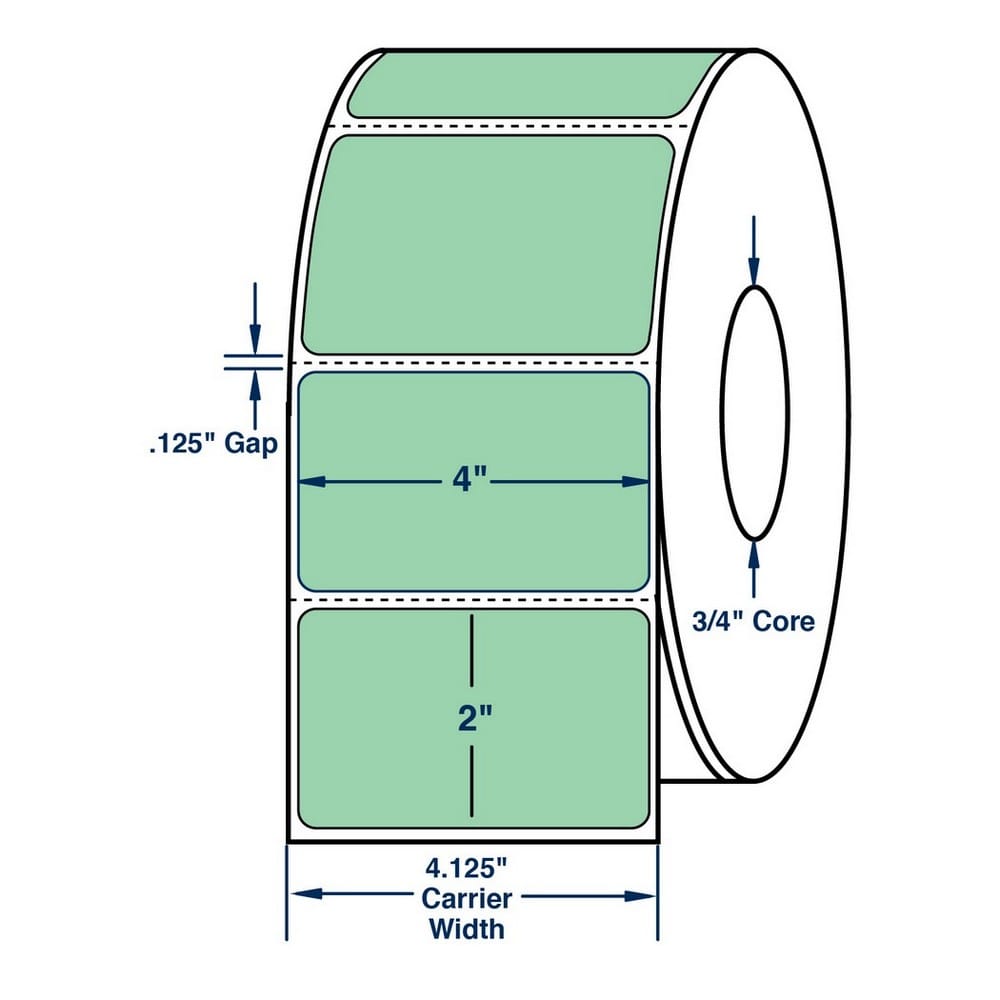 4" x 2" General Use Label w/ Perf Thermal Transfer Labels, Perfed, Pastel Green. 2900 per roll (4 Rolls per Carton)