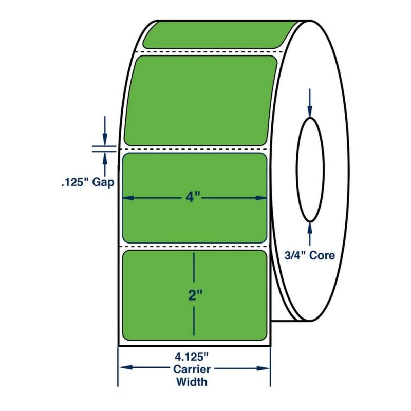 4" x 2" General Use Label w/ Perf Thermal Transfer Labels, Perfed, Green. 2900 per roll (4 Rolls per Carton)