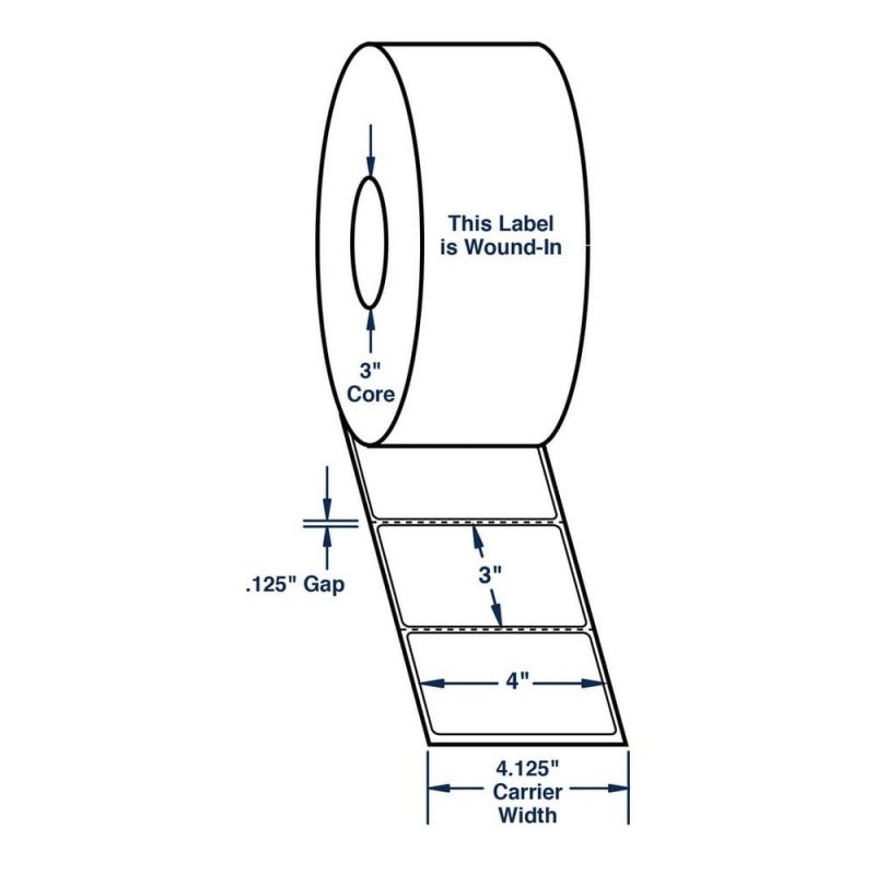 4" x 3" White Wound In Label w/ Perf Thermal Transfer Labels, Perfed, 1950 per roll (4 Rolls per Carton)