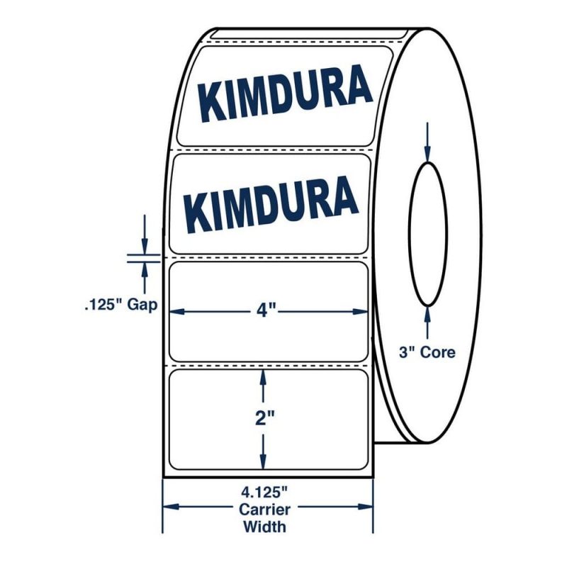 4" x 2" White Kimdura Roll Labels Thermal Transfer Labels, Perfed, 2600 per roll (4 Rolls per Carton)