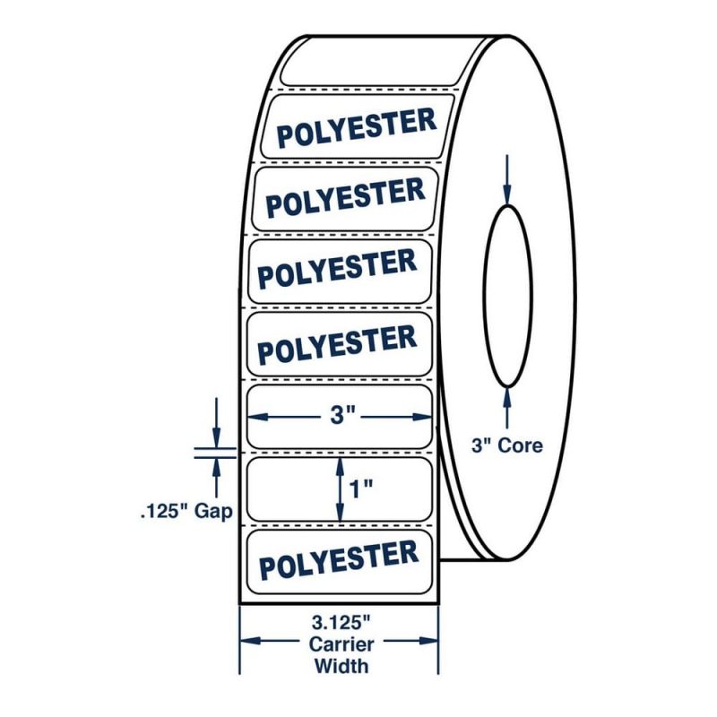 3" x 1" White 2 mil White Polyester Roll Labels Thermal Transfer Labels, Perfed, 5500 per roll (6 Rolls per Carton)