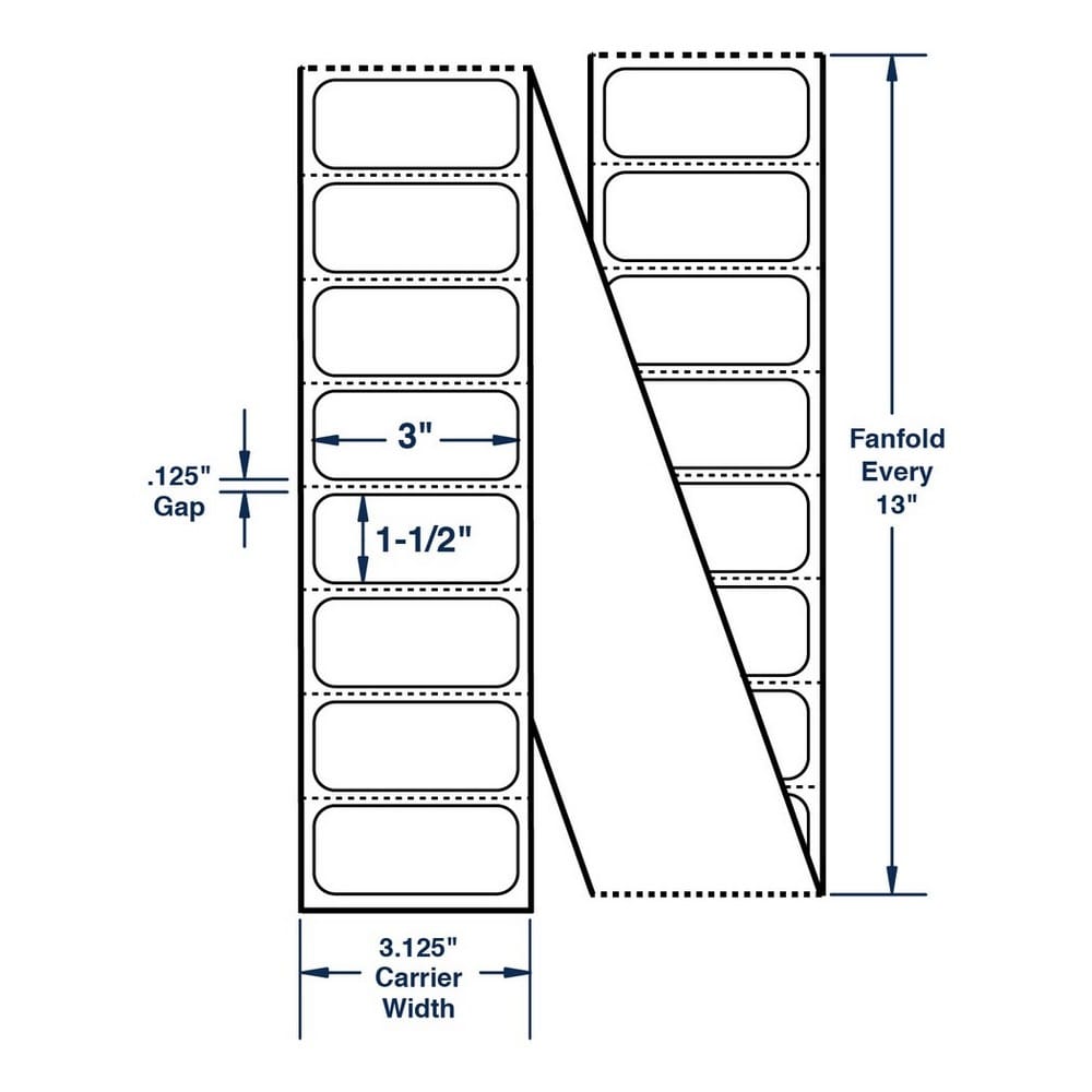 3" x 1.5" White Fanfolded Labels Thermal Transfer Labels, Perfed, 7280 per stack (2 Stacks per Carton)