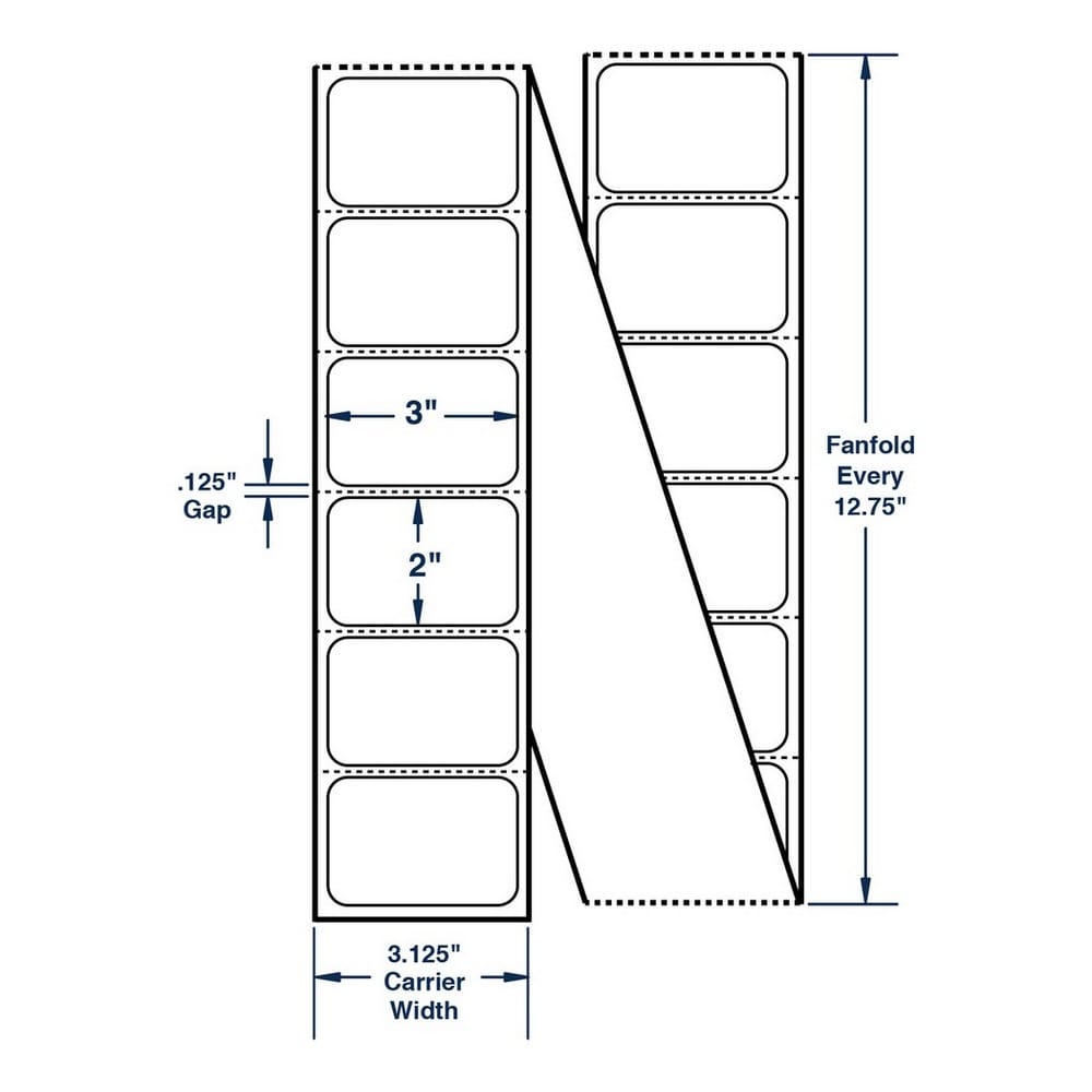 3" x 2" White Fanfolded Labels Thermal Transfer Labels, Perfed, 5580 per stack (2 Stacks per Carton)