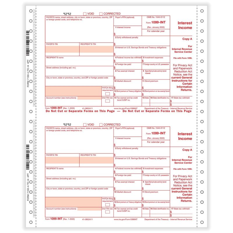 1099-INT Interest 4-part 1-wide Carbonless-With State Copy (200 Mailers/Box)