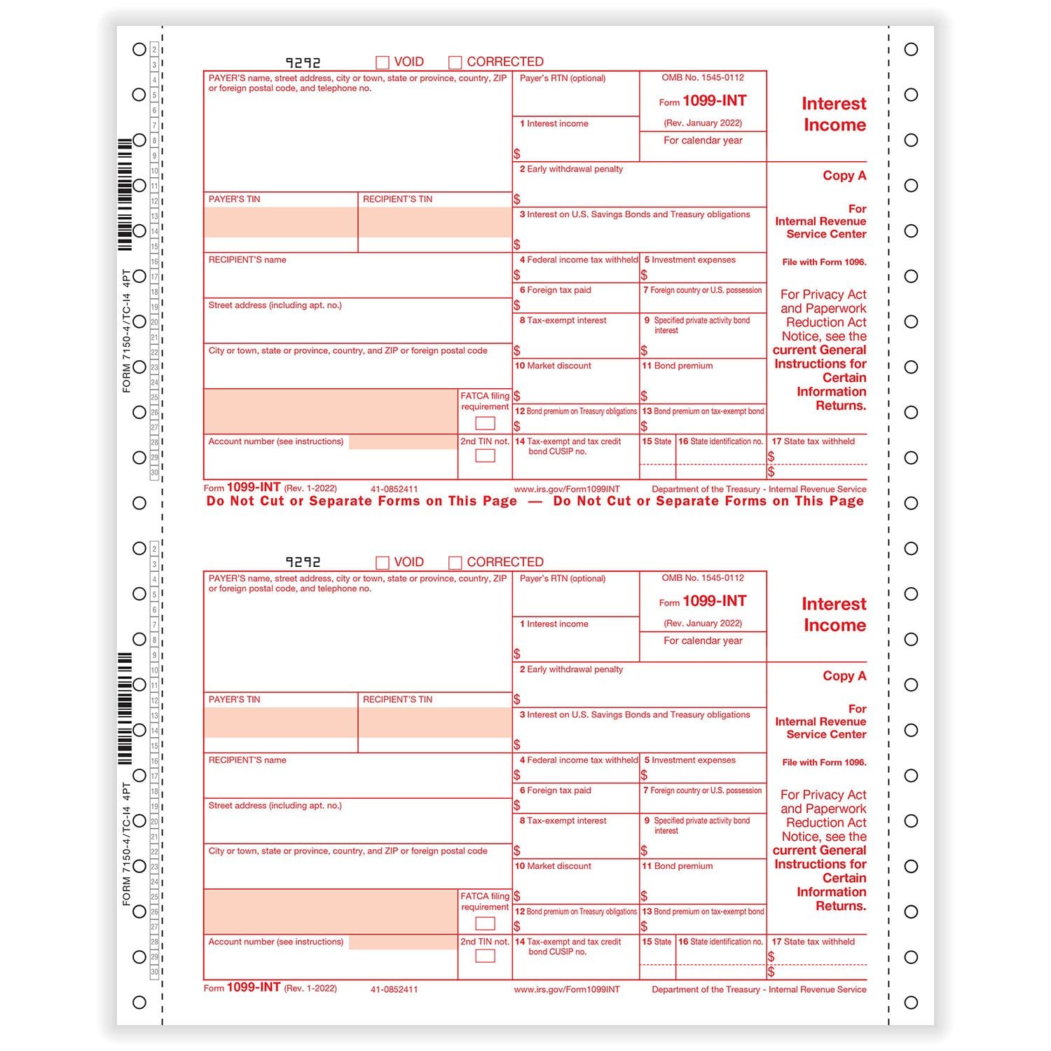 1099-INT Interest 4-part 1-wide Carbonless-With State Copy (200 Mailers/Box)