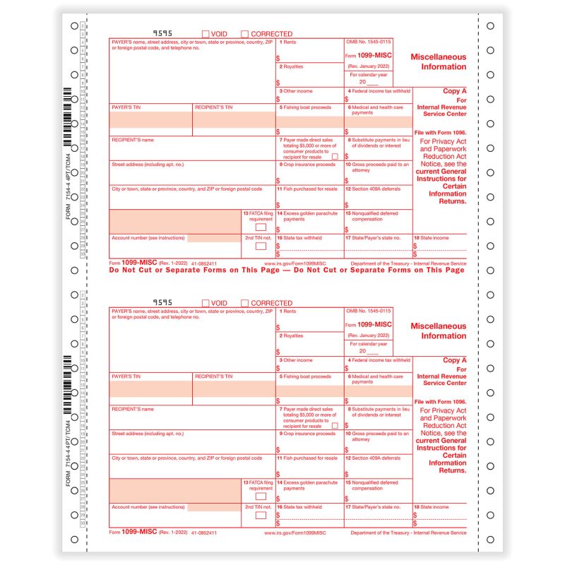 1099-MISC Miscellaneous 4-part 1-wide Carbonless (200 Mailers/Box)