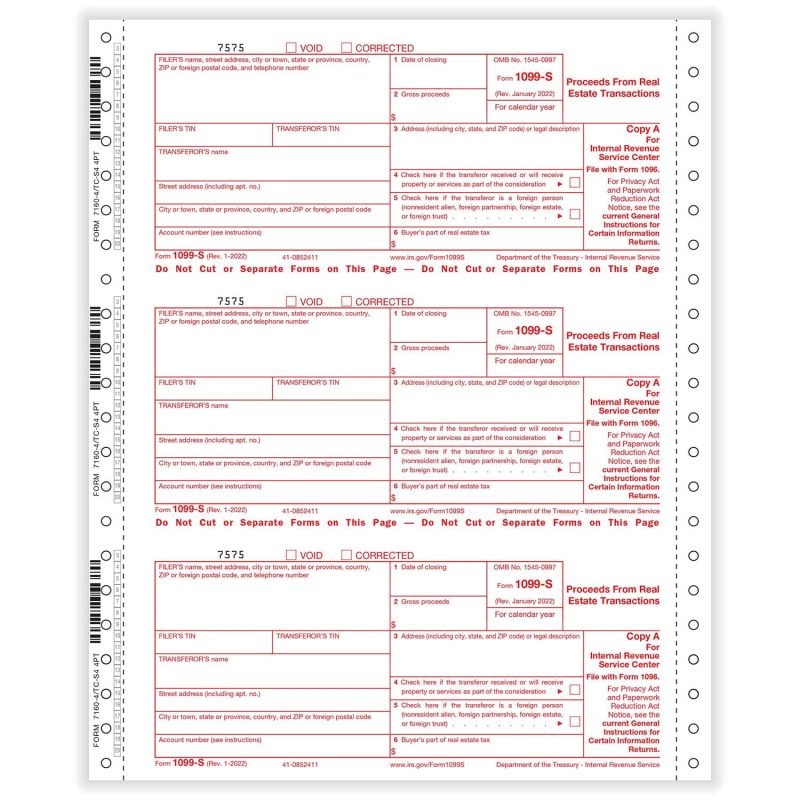 1099-S Real Estate Transaction 4-part 1-wide Carbonless (200 Mailers/Box)