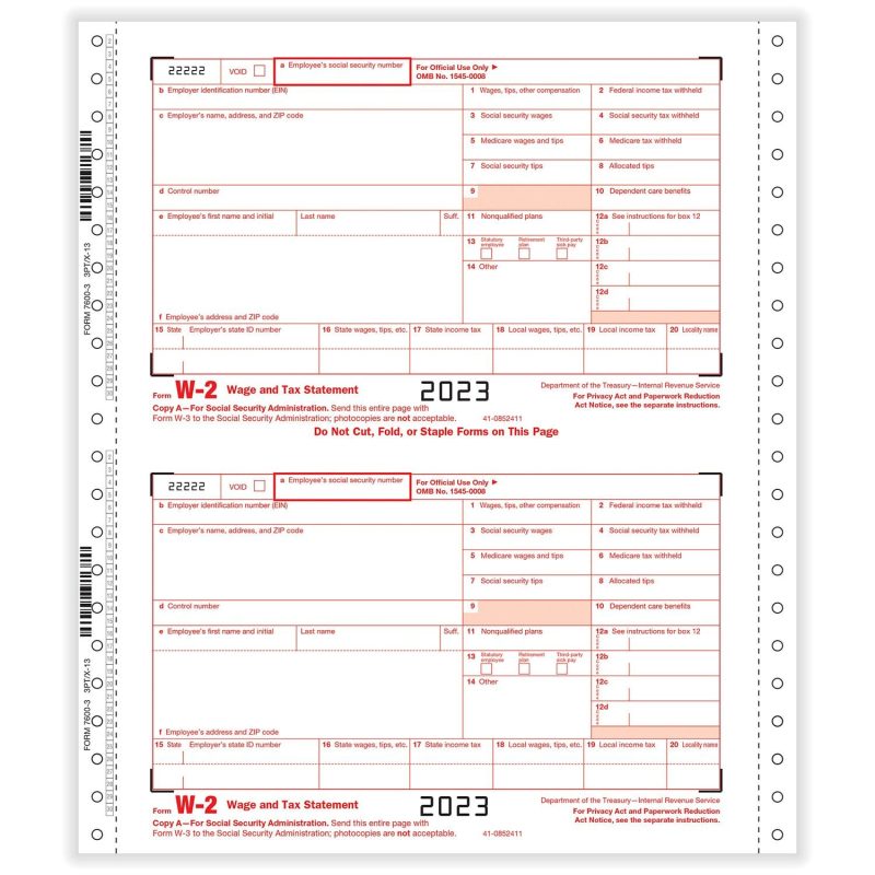 W-2 3-part Twin Set-Employer Carbonless (200 Mailers/Box)