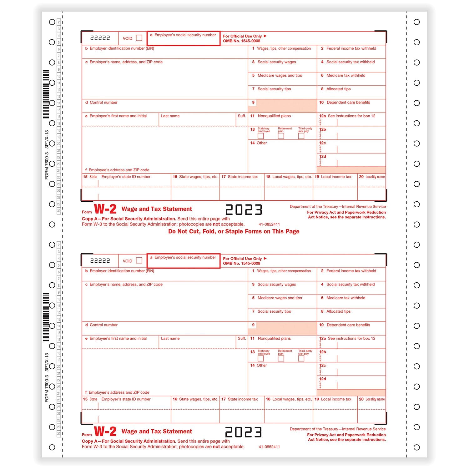 W-2 3-part Twin Set-Employer Carbonless (200 Mailers/Box)
