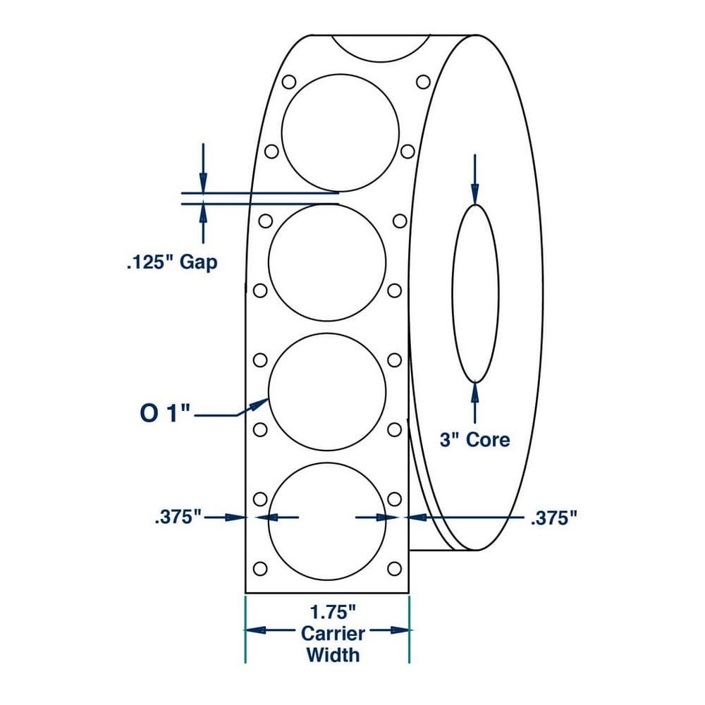 1" x 1" White pinfeed Wafer Tab Seals 3125 Labels per Roll (16 Rolls per Carton) - Image 2